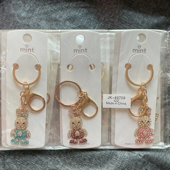 Mint Rhinestone Rabbit Keychain Trio - Picture 1 of 4